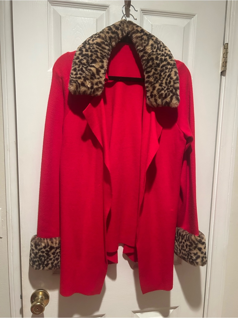 Fontana Red Knit Cardigan Jacket Detachable Faux Fur Leopard Trim Large